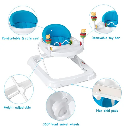 Vista 4 de HONEY JOY Andador de bebé, juguete plegable para empujar sentado y caminar detrás con ruedas, piano interactivo y pedantes, altura y velocidad Azul