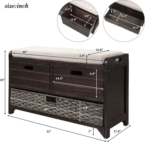 Vista 2 de SOFTSEA Banco de Almacenamiento Tapizado, Otomana de Almacenamiento con Cesta Removible y 2 Cajones, Banco de Zapatos de Estilo Granja con Cojín