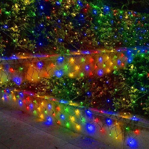 Vista 3 de Luces de Navidad para exteriores, 200 luces LED de 9.8 pies x 6.6 pies, impermeables, cable transparente, enchufable, con 8 modos, decoraciones