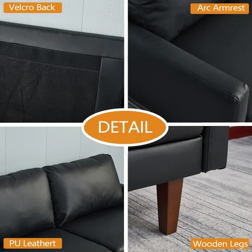 Vista 5 de INSTORY Sofá de cuero Sofá moderno con patas de madera para sala de estar, oficina - negro