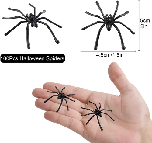 Vista 2 de BAINFE 100 arañas de plástico realistas de Halloween, arañas falsas negras, pequeños juguetes de araña para broma casa embrujada, suministros