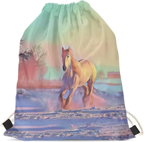 Vista 4 de Buybai Mochila con cordón de animales en 3D, bolsa de gimnasio deportiva para mujeres, hombres y niños, Caballo, Mochilas Tradicionales