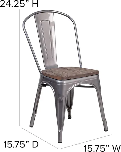 Vista 2 de Merrick Lane Silla de comedor apilable con respaldo de listones verticales de metal, marco recubierto transparente, asiento de madera de olmo