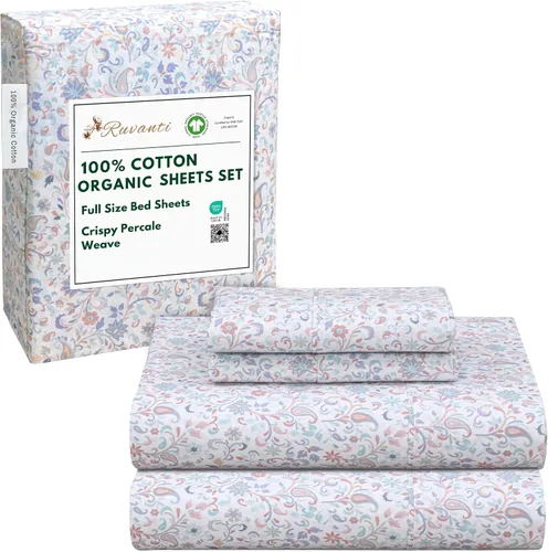 Vista 182 de RUVANTI Juego de sábanas de algodón orgánico 100% tamaño completo, tejido de percal, certificado GOTS, juego de 4 piezas, bolsillo profundo de 15