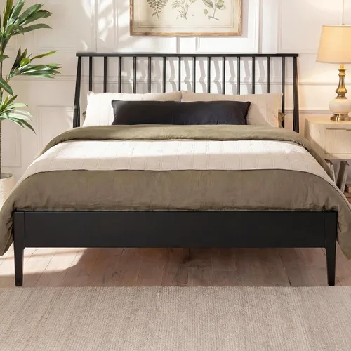 Vista 3 de Merax Cama Queen con plataforma de madera de bambú maciza con cabecera de 46.5 pulgadas de alto, marco de cama bohemio con listones de madera y Negro