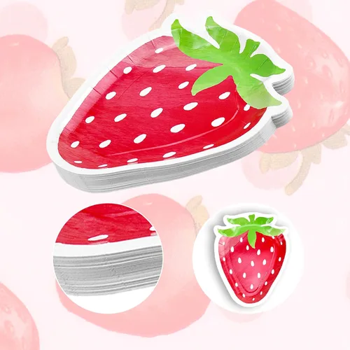 Vista 6 de Platos en forma de fresa, delicados y encantadores, decoraciones de fiesta de fresa adecuadas para fiestas, cumpleaños de bebé (24 juegos)