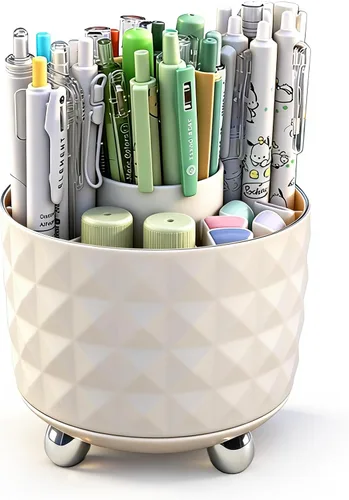 Vista 7 de GOTOBA Portalápices giratorio de 360° para escritorio, soporte para brochas de maquillaje con 6 ranuras, organizador de escritorio para utensilios