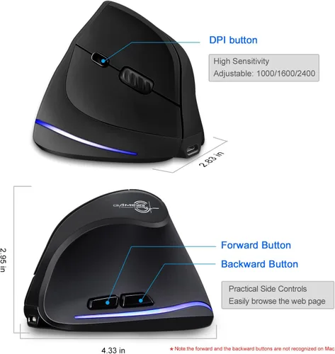 Vista 5 de TRELC Ratón ergonómico, ratón óptico vertical inalámbrico de 2.4 G con sensibilidad ajustable (1000/1600/2400 DPI), 6 botones para PC, computadora