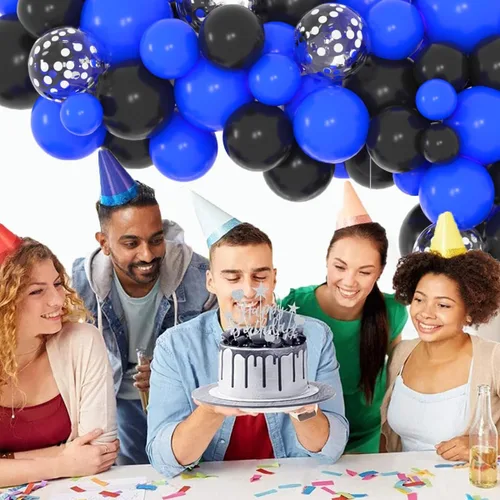 Vista 3 de Juego de globos de confeti azul rey, negro y plateado, arco de globos de confeti azul, negro y plateado para decoración de cumpleaños de bebé jefe