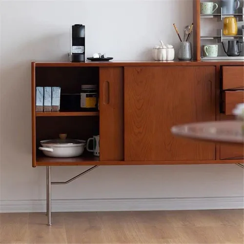 Vista 4 de Aparador moderno rectangular independiente armario de almacenamiento con estantes interiores con puertas correderas y 4 cajones para sala de estar