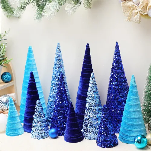 Vista 3 de Ireer 12 piezas Árboles de Navidad de terciopelo varios tamaños cono de terciopelo decoraciones modernas para interiores centro de mesa minimalista