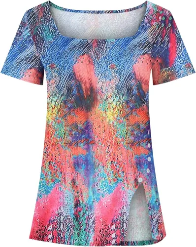 Vista 4 de Womens Summer Tops Boho Floral Print Tunic Side Split Button Down Short Sleeve Square Neck Shirts Spring Blouses
