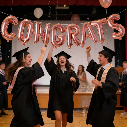 Vista 2 de Cartel de graduación con globos de felicitaciones de oro rosa para decoración de fiesta de graduación, 17 pulgadas Felicidades oro rosa