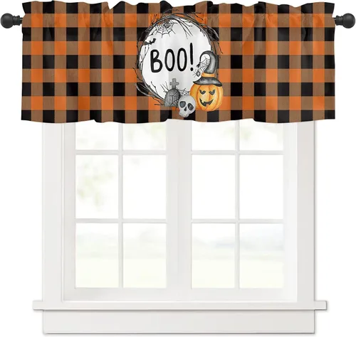 Vista 2 de Cortina de cenefa para cocina, cenefa de búfalo negro y naranja para sala de estar, cenefas con bolsillo para barra para dormitorio, cenefa