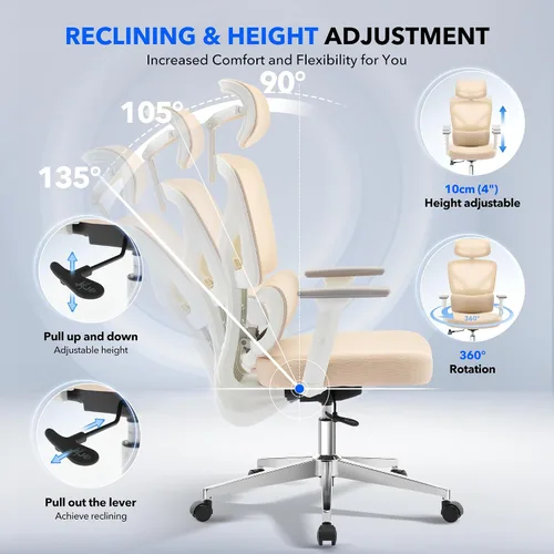 Vista 6 de Silla de oficina ergonómica - Silla de escritorio de malla para el hogar con soporte lumbar ajustable, silla de juegos de computadora con respaldo