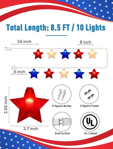 Vista 7 de Tira de luces de estrellas rojas, blancas y azules, 8.5 pies, luces de decoración del 4 de julio con 10 luces rojas, blancas y azules, tira de luces