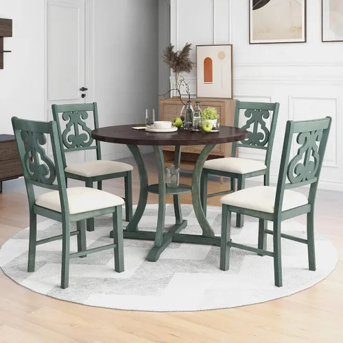 Vista 2 de Harper & Bright Designs Juego de mesa redonda de 5 piezas con estante, mesa de comedor familiar de madera