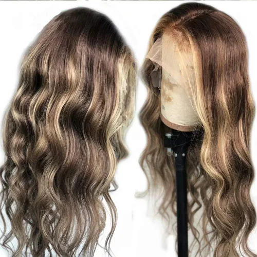 Vista 14 de Peluca de cabello humano ondulado con reflejos rubios y marrones, encaje frontal, sin pegamento, prearrancada, Remy brasileño, densidad 150, 12