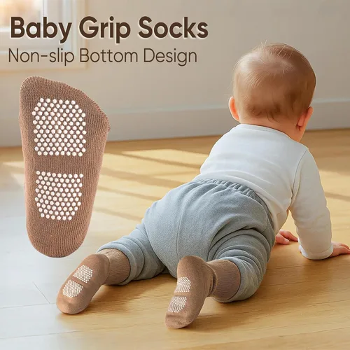 Vista 2 de HONGTEYA 9 pares de calcetines para niños pequeños, calcetines antideslizantes de algodón para bebés con agarres de 0 a 5 años