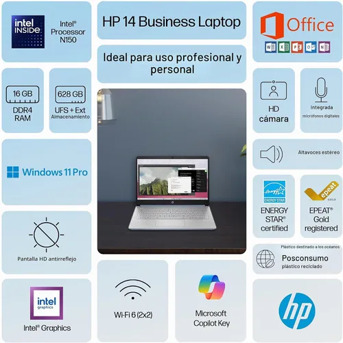 Vista 3 de HP Ultrabook 14 - Computadora portátil para estudio y hogar 2025, MS Office + Windows 11 Pro, CPU Intel de cuatro núcleos, 16 GB de RAM y 628 GB