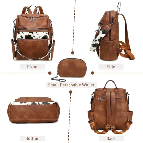 Vista 5 de Mochila de cuero para mujer, bolso de hombro para mujer, bolso de hombro de moda de imitación para trabajo, marrón (Cow Brown), Mediana, Mochila