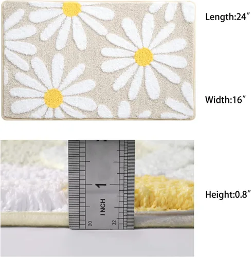 Vista 6 de QJHOMO Alfombra de baño beige con diseño de margaritas, decoración de flores blancas y amarillas, alfombra antideslizante de microfibra, súper