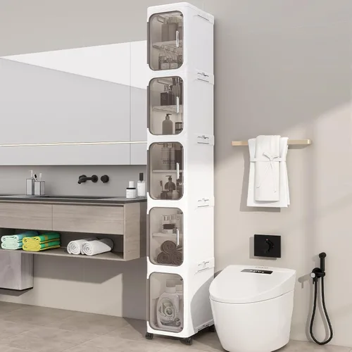 Vista 17 de KHNR Armario de almacenamiento de baño delgado de 2 niveles, gabinetes de almacenamiento plegables, almacenamiento de baño estrecho, organizador