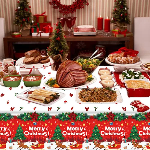 Vista 2 de Paquete de 4 manteles de Navidad para fiesta de Navidad, decoración de fiesta de Navidad, cubierta de mesa de Navidad con árbol de Navidad y copo