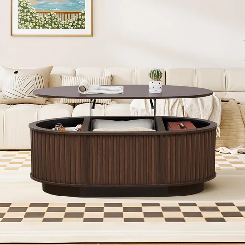 Vista 8 de Mesa auxiliar ovalada de 43.3 pulgadas con almacenamiento, mesa de centro acanalada con parte superior elevable, mesa central moderna de mediados