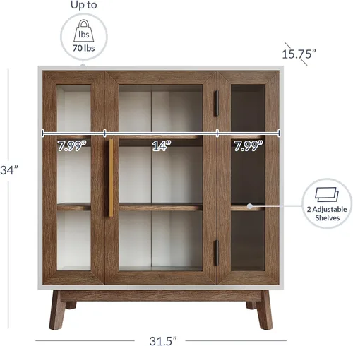 Vista 2 de BELLEZE Moderno gabinete Curio, mesa consola de 3 niveles, marrón, 31 pulgadas 31''Marrón