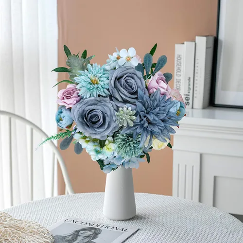 Vista 7 de AmyHomie - Juego de flores artificiales azules, mezcla de seda, peonía, rosa, hortensia, flores falsas con tallo para bricolaje, ramos de boda