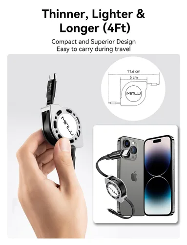 Vista 5 de Cable retráctil USB C a USB C (1.2 m, 2 unidades), cable de carga rápida USBC 5A de 100W, cable de carga tipo C para iPhone 17 16 15 Pro Plus Pro