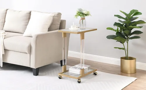 Vista 4 de Mesa auxiliar dorada para sofá con forma de C, mesa de centro de acrílico móvil con ruedas pequeñas de cristal con estantes de 2 niveles