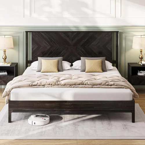 Vista 13 de Estructura de cama Queen en forma de trapecio de Bme – Cama moderna de madera maciza con cabecero de patrón suave, patas de metal negro, acabado