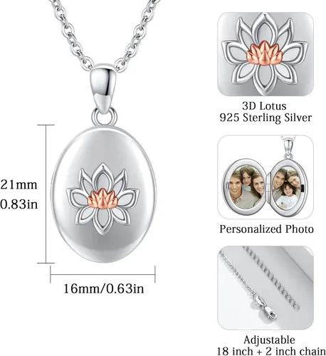Vista 7 de Locket Necklace Sterling Silver MoonstoneLotus Pendant That Holds Pictures Meditation Locket Necklace Memory Jewelry Mother's Day Gifts for Women Mom