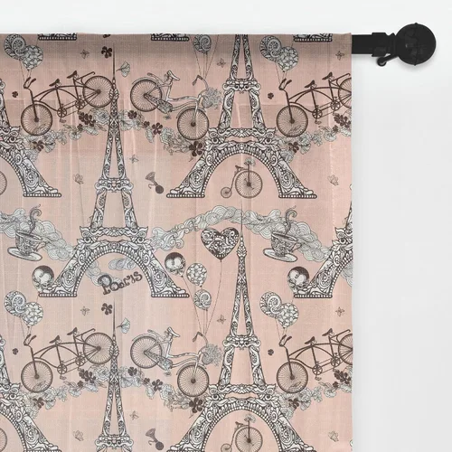 Vista 2 de Ambesonne Cortinas de tul Eiffel con bolsillo para barra, globos retro de corazón de café, remolinos de hito francés, cortina transparente