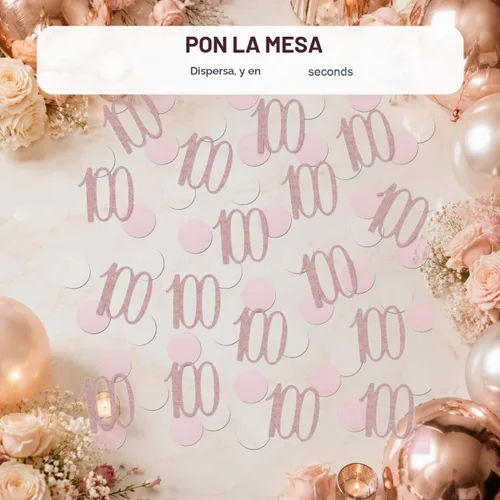 Vista 6 de Confeti de oro rosa 100, confeti número 100 con purpurina, 200 piezas de decoración de mesa de fiesta de aniversario