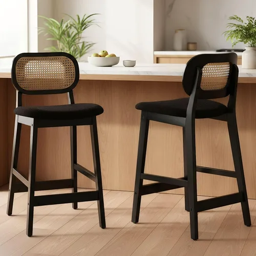 Vista 12 de ROCITY - Juego de 2 taburetes de ratán negro, taburetes de bar de madera de granja, taburetes de bar tapizados, sillas de isla de cocina