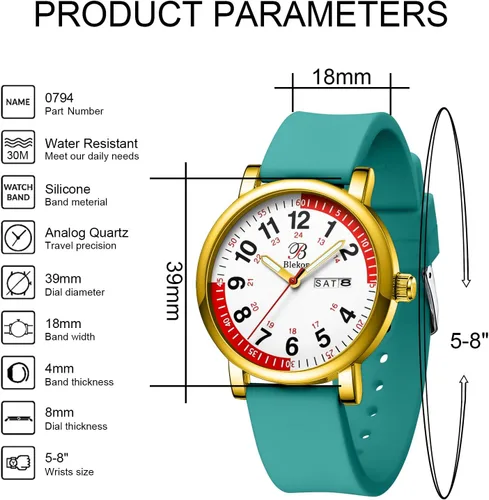 Vista 2 de Blekon Reloj de enfermera pulsómetro con segunda mano colores de banda a juego para profesionales médicos Esfera súper fácil de leer con indicador