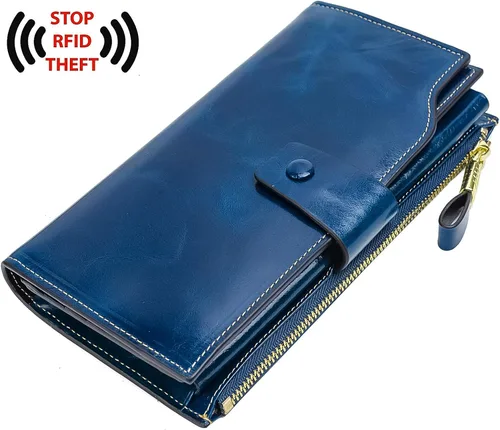 Vista 2 de YALUXE Cartera de piel auténtica para mujer, con bloqueo RFID, tarjetero múltiple con bolsillo para teléfono celular