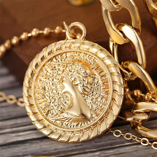 Vista 6 de MJartoria Collares de oro en capas para mujer, collar retro de moda con dije de moneda, collar de oro, cadena de eslabones gruesos, gargantilla