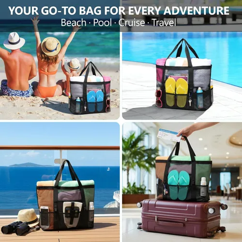 Vista 7 de F-color Mesh Beach Bag Family - Large Tote Bag for Cruise Pool Toys Beach Vacation Essentials