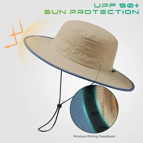 Vista 3 de Sombrero de cubo de sol con ala plegable UPF 50+ resistente al agua con malla perforada láser ajustable para hombres y mujeres al aire libre Caqui