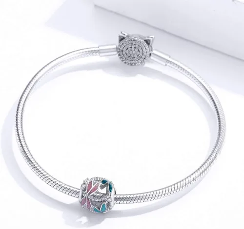 Vista 3 de Abalorio de cristal rosa con forma de gato de plata de ley 925 para cumpleaños, pájaro, sirena, unicornio, animal para pulseras