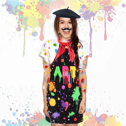 Vista 5 de Kyson Disfraz de artista para adultos, 8 piezas, pintor, Halloween, vestido con boina, delantal, paleta, pinceles, aretes, bandana y barba