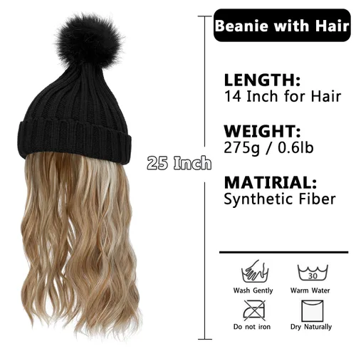 Vista 8 de Gorro para mujer con pelo adjunto, gorro de punto cálido con pompón unido de 14 pulgadas de largo, ondulado, extensiones de cabello rizado, postizo