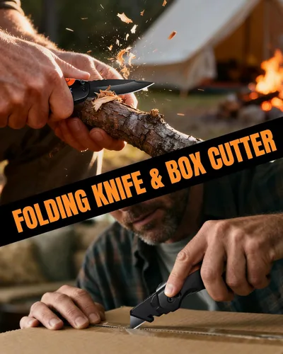 Vista 4 de Cuchillo utilitario plegable de 4 en 1, cuchillo de corte de caja multiherramienta con clip de cinturón, cuchillo de afeitar de cambio rápido