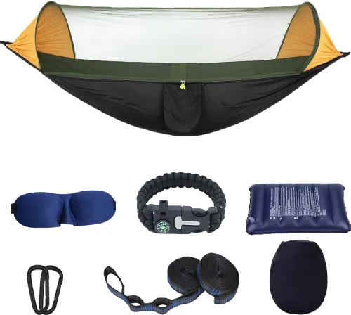 Vista 5 de Hamaca de camping con mosquitera – Hamaca portátil de viaje – Equipo de camping – Tienda de campaña para senderismo al aire libre, campamento, Verde