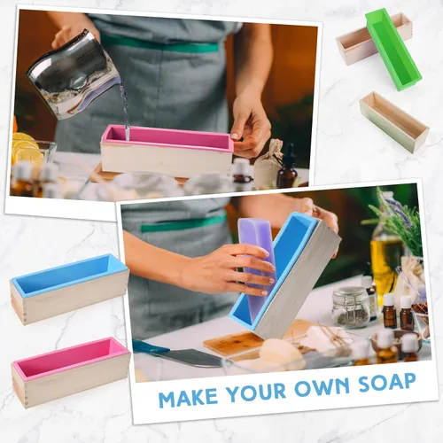 Vista 4 de Ziliny 3 moldes para pan de jabón de 42 onzas, moldes rectangulares flexibles de silicona para jabón, bandejas de madera, suministros para Verde