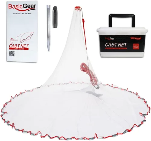 Vista 8 de BasicGear Red de Atarraya Radio de 3-12 pies, malla de 3/8 o 1/4 pulgadas para peces de cebo de agua dulce y salada Grado profesional